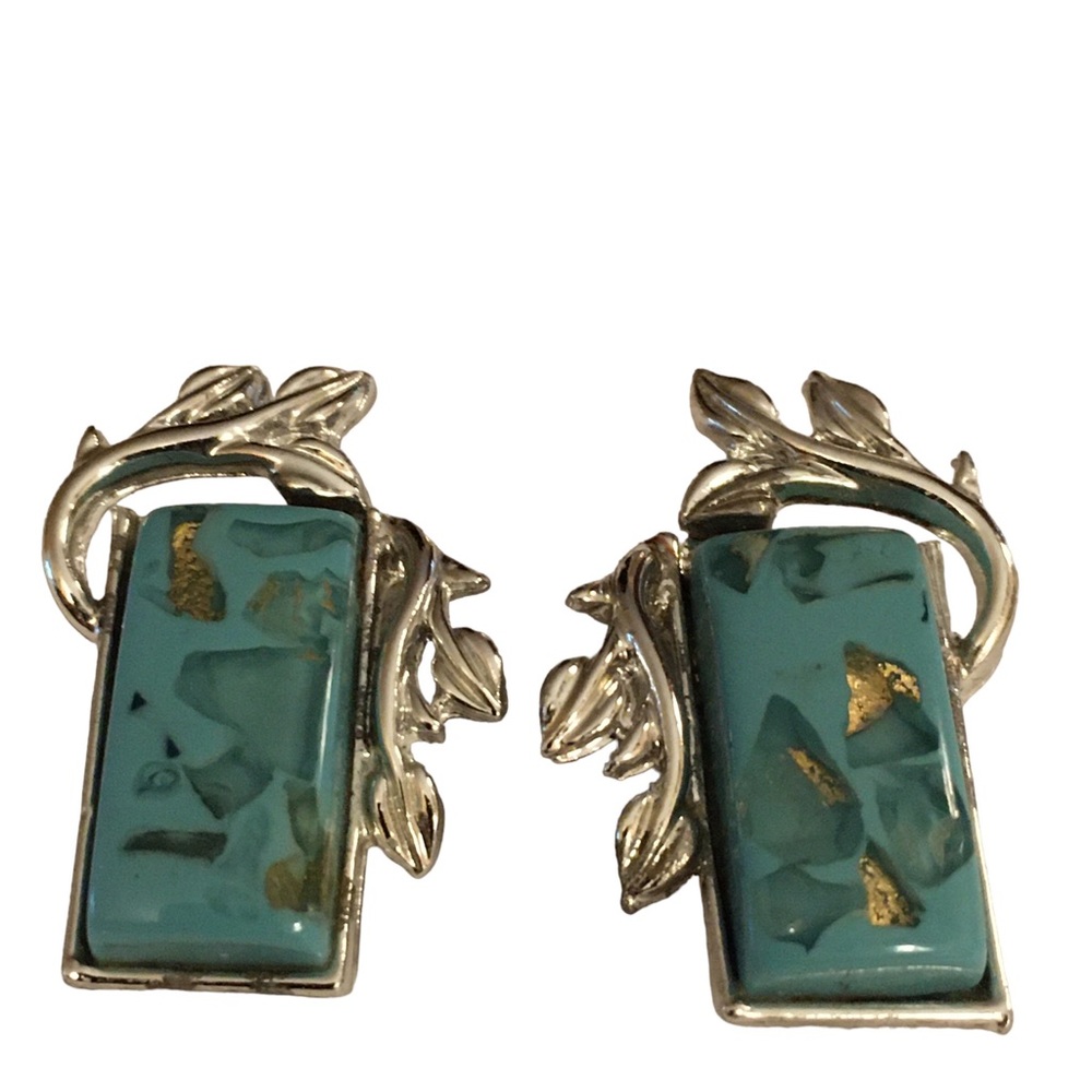 Vintage Coro Confetti Turquoise Lucite Clip On Earrings Gold Flakes Silver Tone - Picture 2 of 8